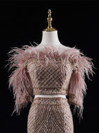 Royal Blue Mermaid Gown - Off-Shoulder Beaded Bodice & Feather-Accented Tiered Tulle Train