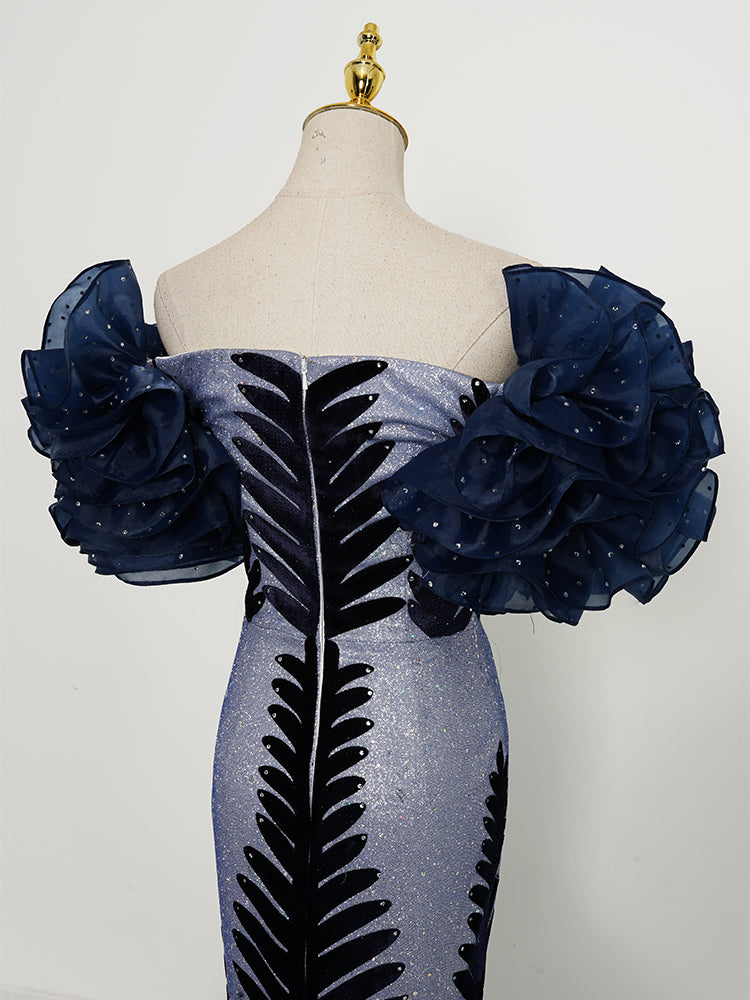 Silver-Blue & Black Mermaid Gown - Off-Shoulder Ruffled Sleeves & 3D Leaf Embellishments