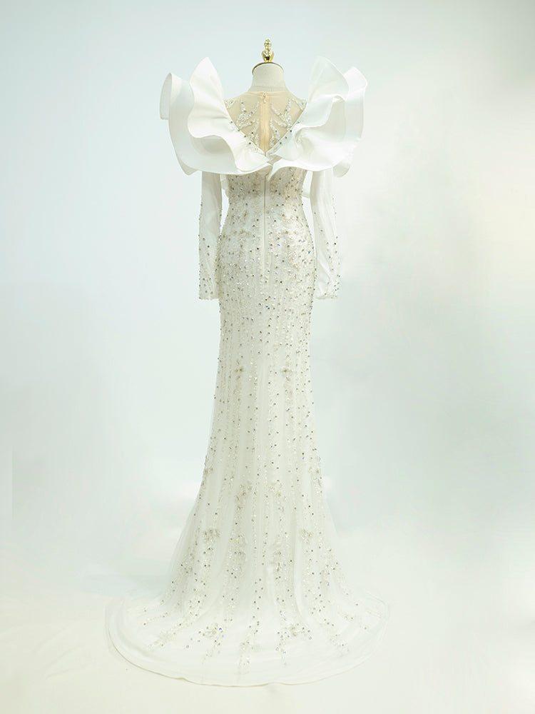 White Couture Mermaid Gown with Oversized Ruffle Shoulders - Hand-Beaded Formal Dress