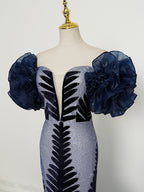 Silver-Blue & Black Mermaid Gown - Off-Shoulder Ruffled Sleeves & 3D Leaf Embellishments