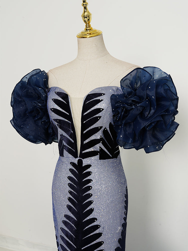 Silver-Blue & Black Mermaid Gown - Off-Shoulder Ruffled Sleeves & 3D Leaf Embellishments