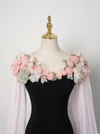 Black Evening Gown with Pink Floral Cape and Flowing Chiffon Train