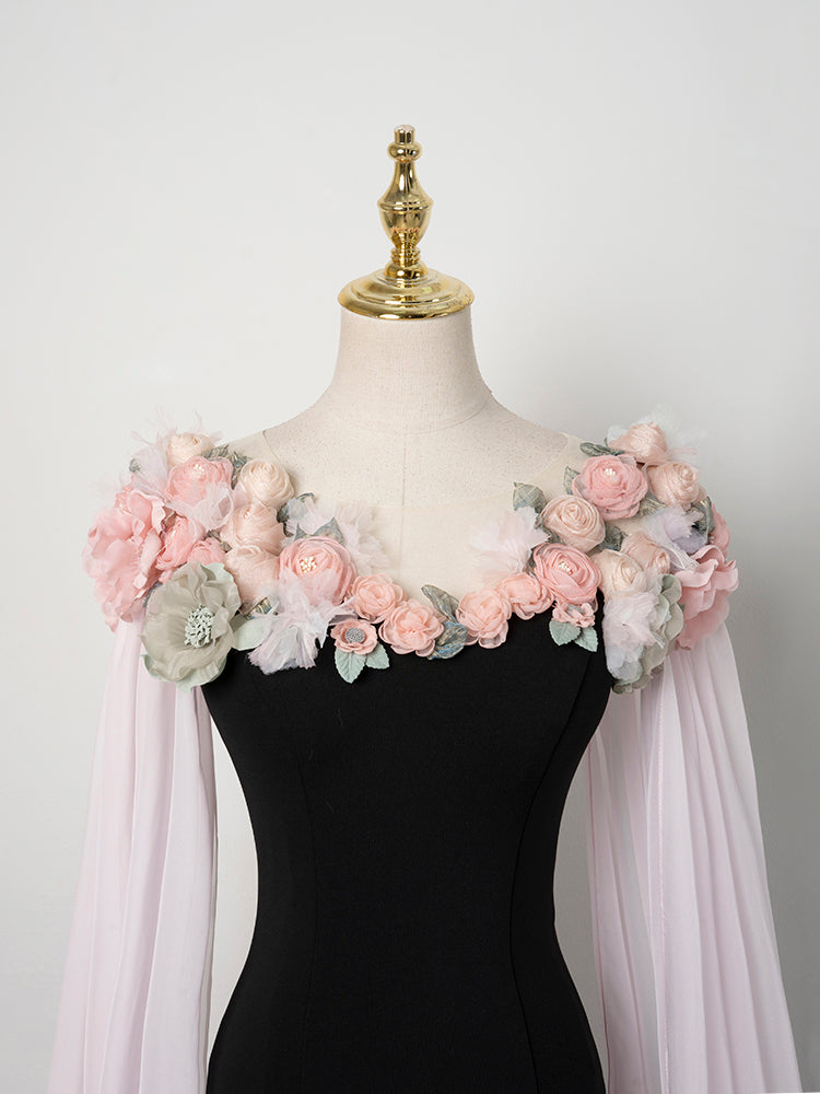Black Evening Gown with Pink Floral Cape and Flowing Chiffon Train