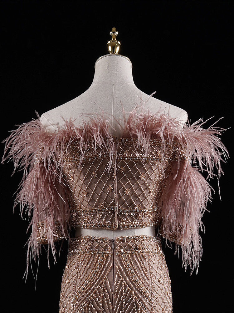 Royal Blue Mermaid Gown - Off-Shoulder Beaded Bodice & Feather-Accented Tiered Tulle Train