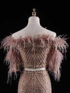 Royal Blue Mermaid Gown - Off-Shoulder Beaded Bodice & Feather-Accented Tiered Tulle Train