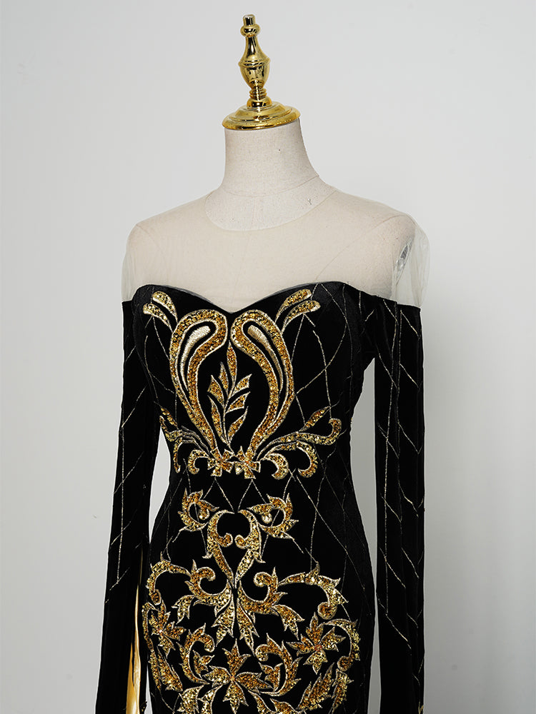 Luxury Black Formal Gown - Long-Sleeve Gold Embroidery