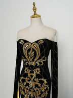 Luxury Black Formal Gown - Long-Sleeve Gold Embroidery