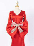 V-Neck Formal Gown with Oversized Rhinestone Bow | Elegant Mermaid Prom Dress for Evening Party