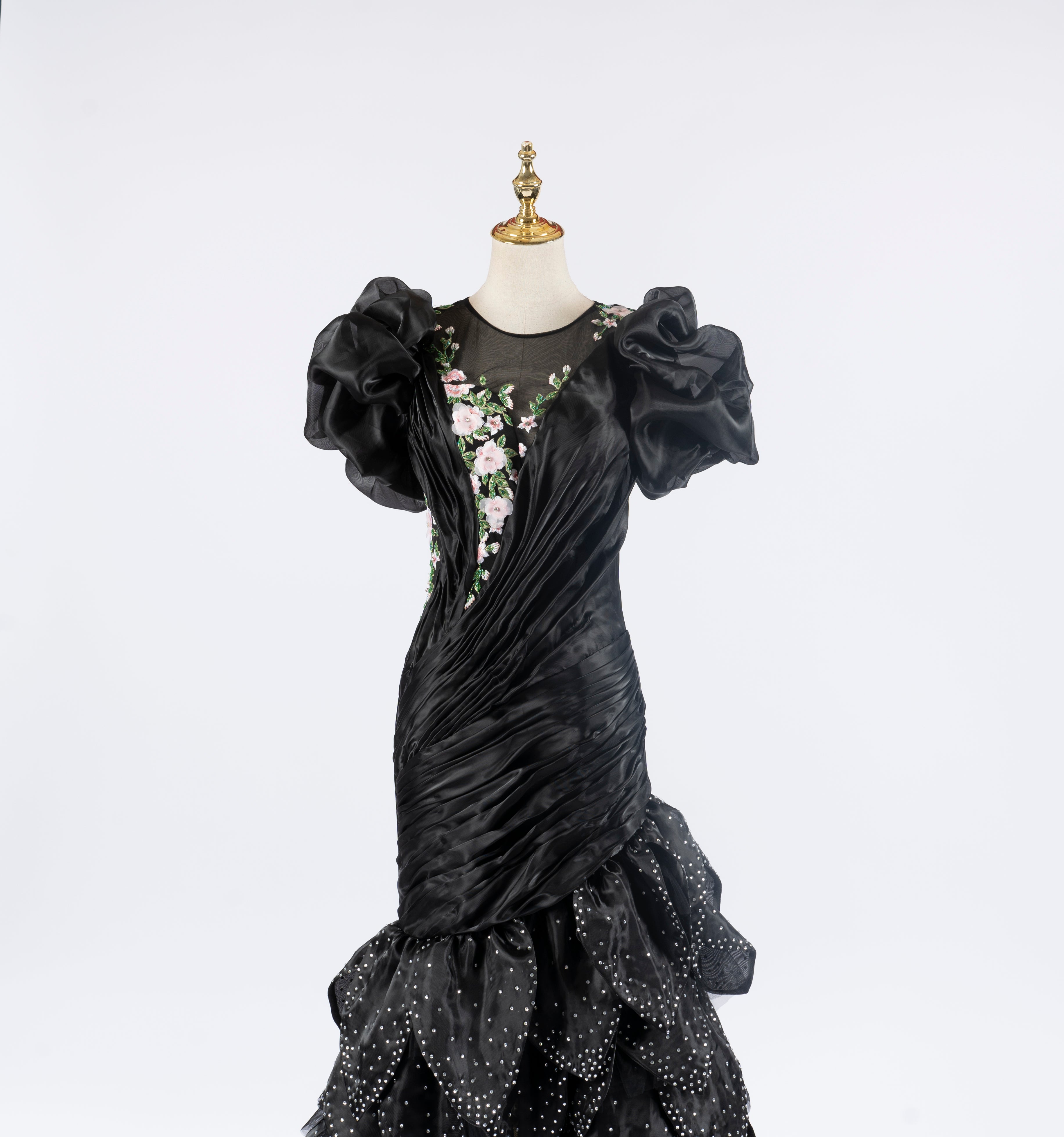 Black Mermaid Gown with Puff Sleeves | Floral Embroidery & Scalloped Beaded Train Evening Dress