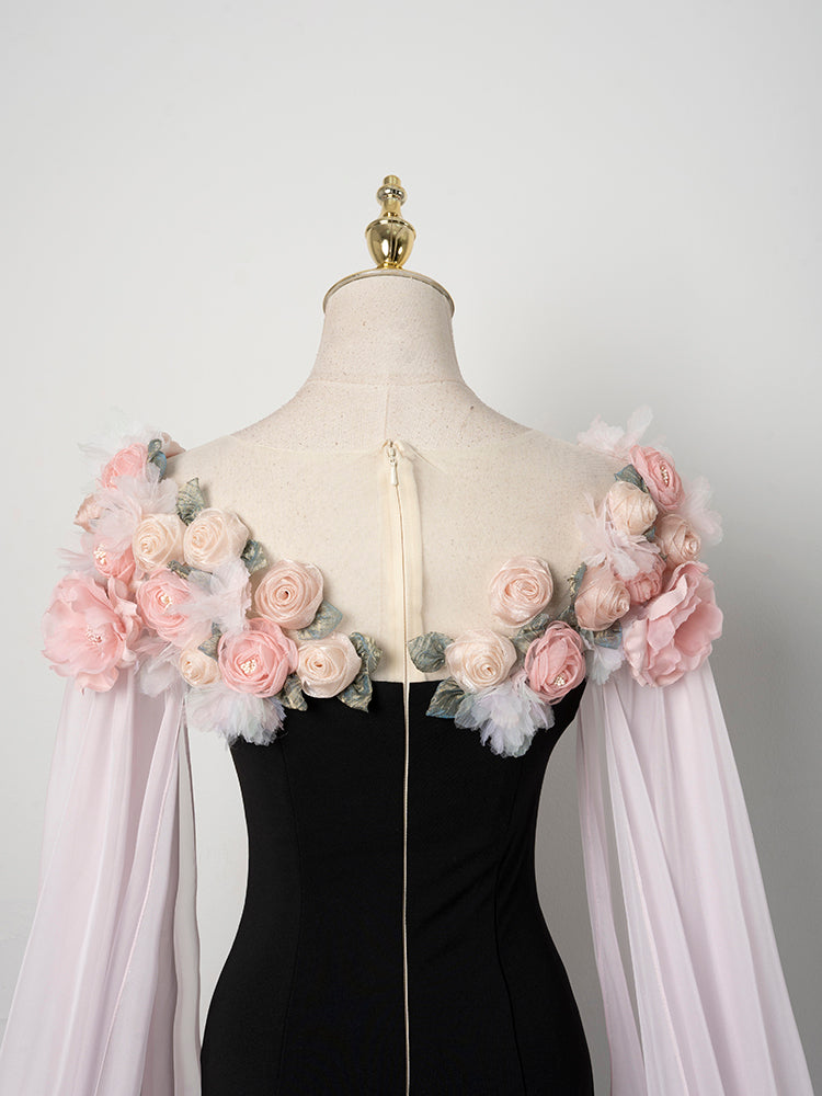 Black Evening Gown with Pink Floral Cape and Flowing Chiffon Train