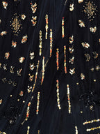 Black & Gold Art Deco Beaded Gown | Feather Sleeve Sheer Mesh Formal Evening Dress
