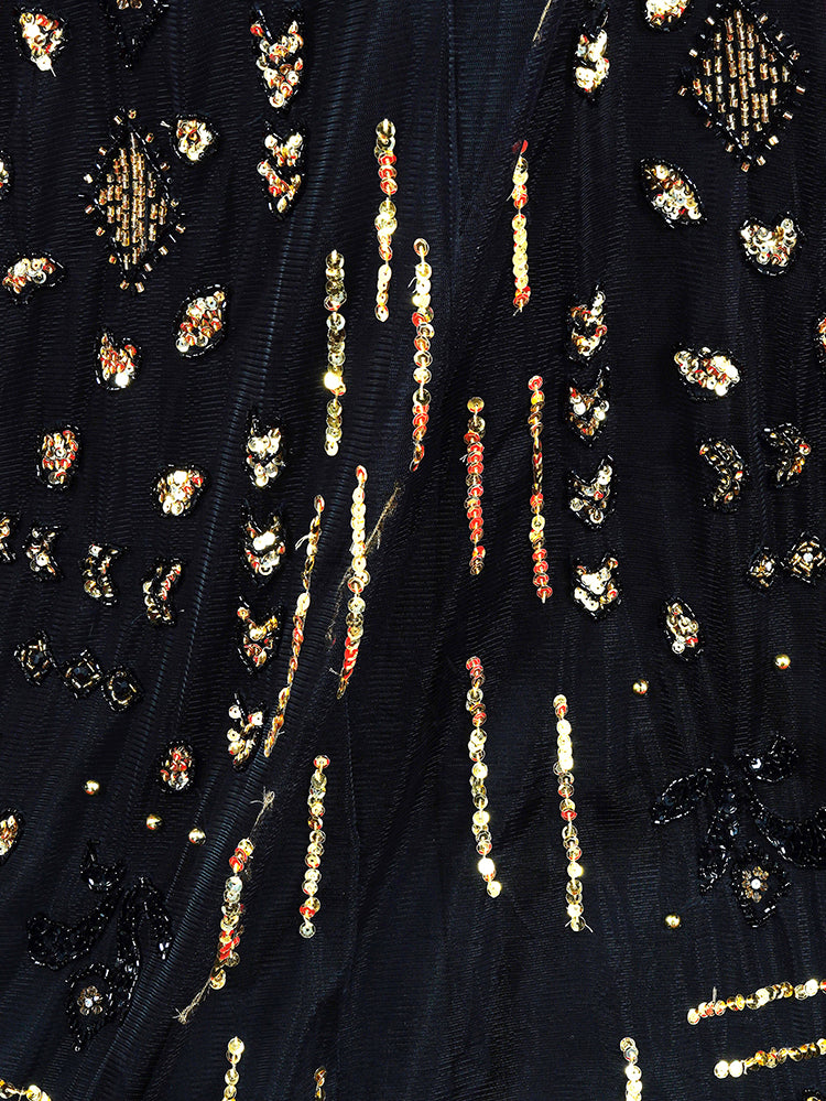 Black & Gold Art Deco Beaded Gown | Feather Sleeve Sheer Mesh Formal Evening Dress