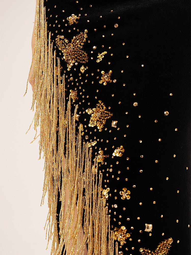 Modest Black Formal Gown | One-Shoulder Gold Fringe Embellished Evening Dress for Events