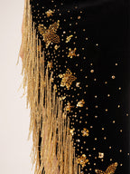 Modest Black Formal Gown | One-Shoulder Gold Fringe Embellished Evening Dress for Events