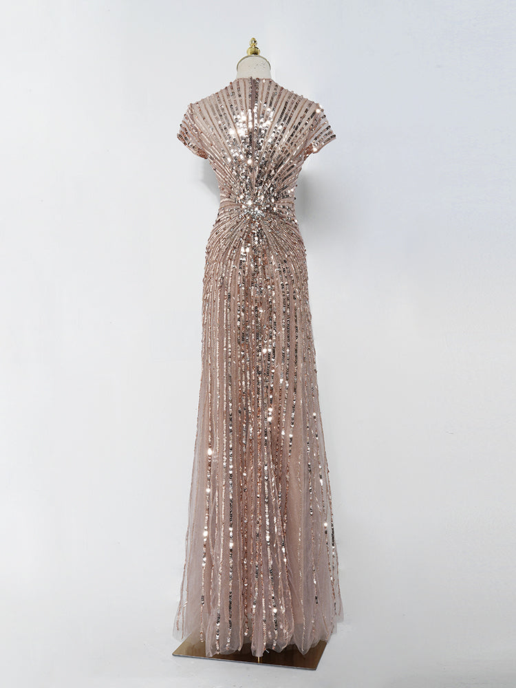 Luxury Rose Gold Formal Gown | Full Sequin Embellishment & Slim-Fit Design for Middle Eastern Engagement Parties