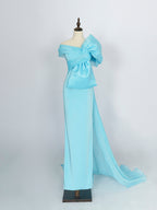 Turquoise One-Shoulder Gown | Oversized Bow & Draped Train for Royal Weddings & Gala Events