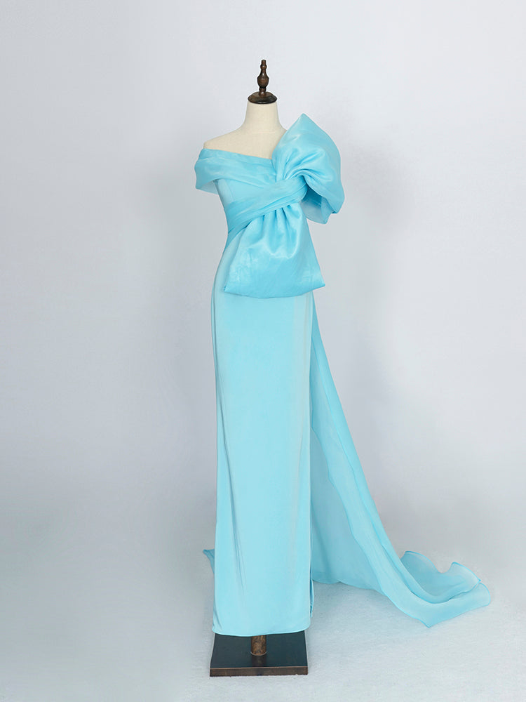 Turquoise One-Shoulder Gown | Oversized Bow & Draped Train for Royal Weddings & Gala Events