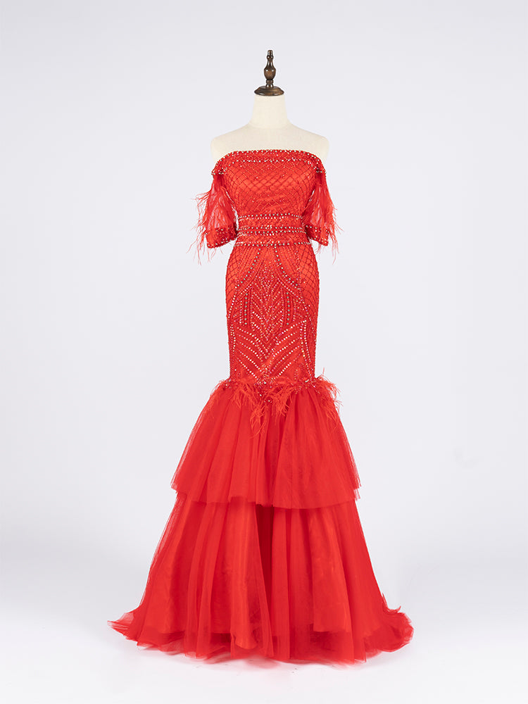 Royal Blue Mermaid Gown - Off-Shoulder Beaded Bodice & Feather-Accented Tiered Tulle Train