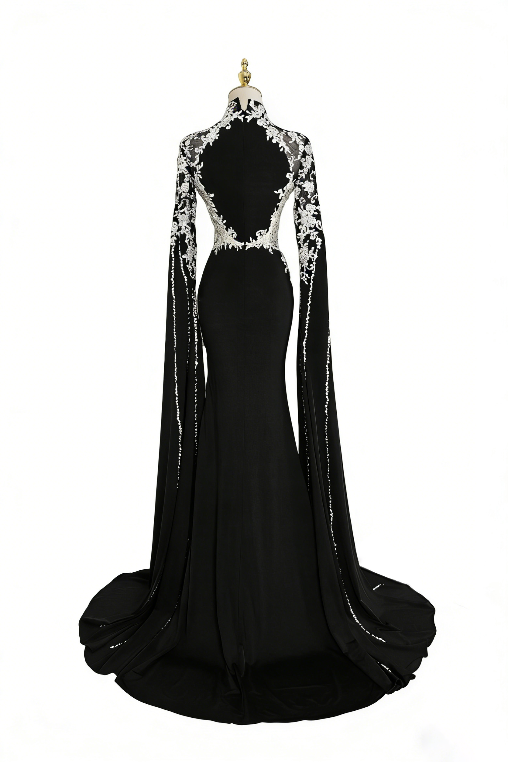 Elegant Black High-Neck Embroidered Evening Gown with Long Sleeves & Train - Luxury Formal Dress for Special Occasions