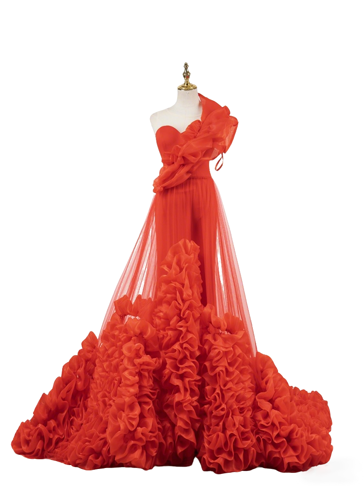 One-Shoulder Gown - Ruffled Tulle Ballgown Skirt & Dramatic Asymmetrical Drape