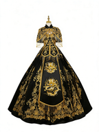 Luxury Black Gold Evening Gown with Hand-Beaded Embroidery and Cape