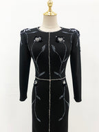 Elegant Black Long Sleeve Gown | Silver Floral Beaded Formal Evening Dress for Special Occasions