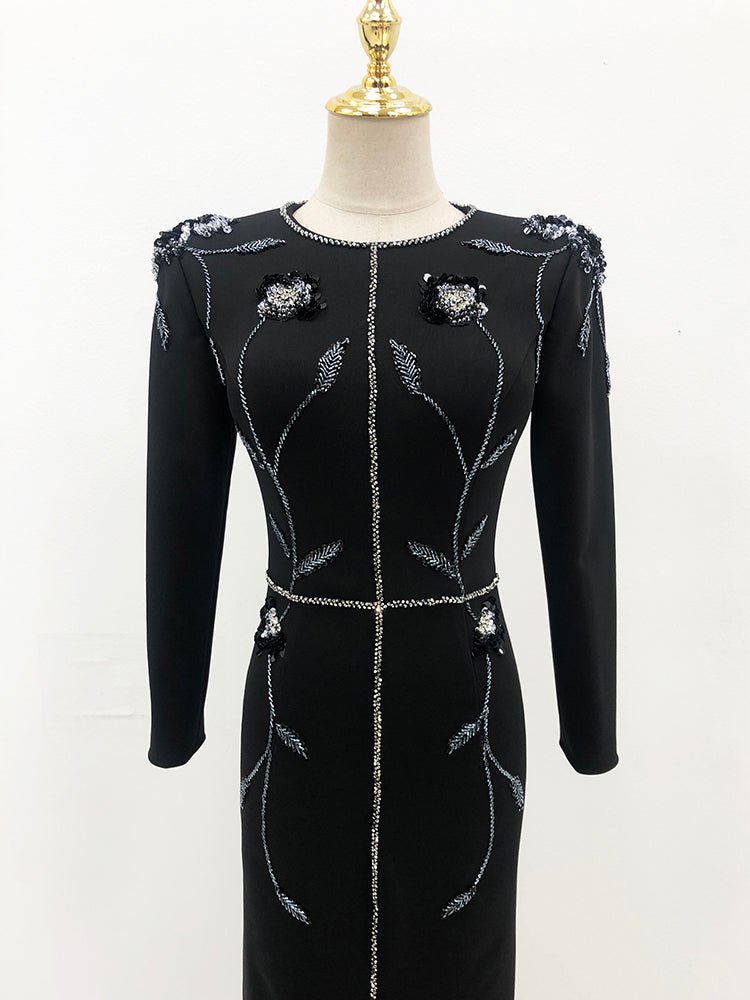 Elegant Black Long Sleeve Gown | Silver Floral Beaded Formal Evening Dress for Special Occasions