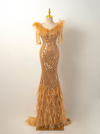 Champagne Feather & Sequin Mermaid Gown - Hand-Beaded Formal Evening Dress