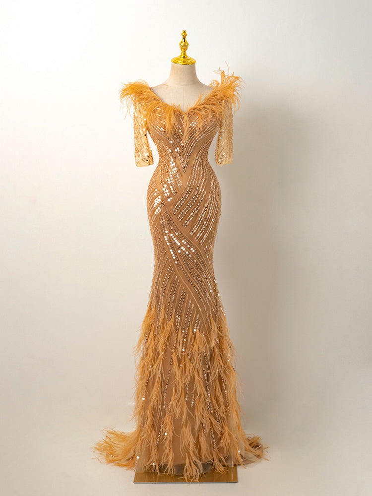 Champagne Feather & Sequin Mermaid Gown - Hand-Beaded Formal Evening Dress