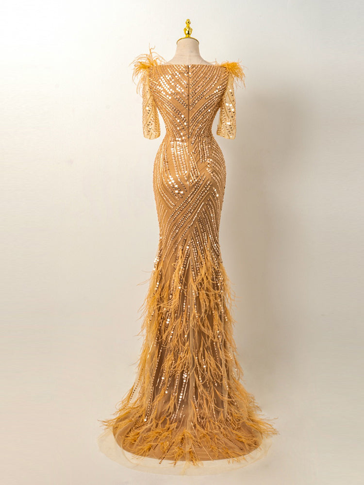 Champagne Feather & Sequin Mermaid Gown - Hand-Beaded Formal Evening Dress