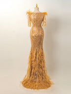 Champagne Feather & Sequin Mermaid Gown - Hand-Beaded Formal Evening Dress