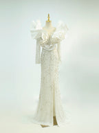 White Couture Mermaid Gown with Oversized Ruffle Shoulders - Hand-Beaded Formal Dress