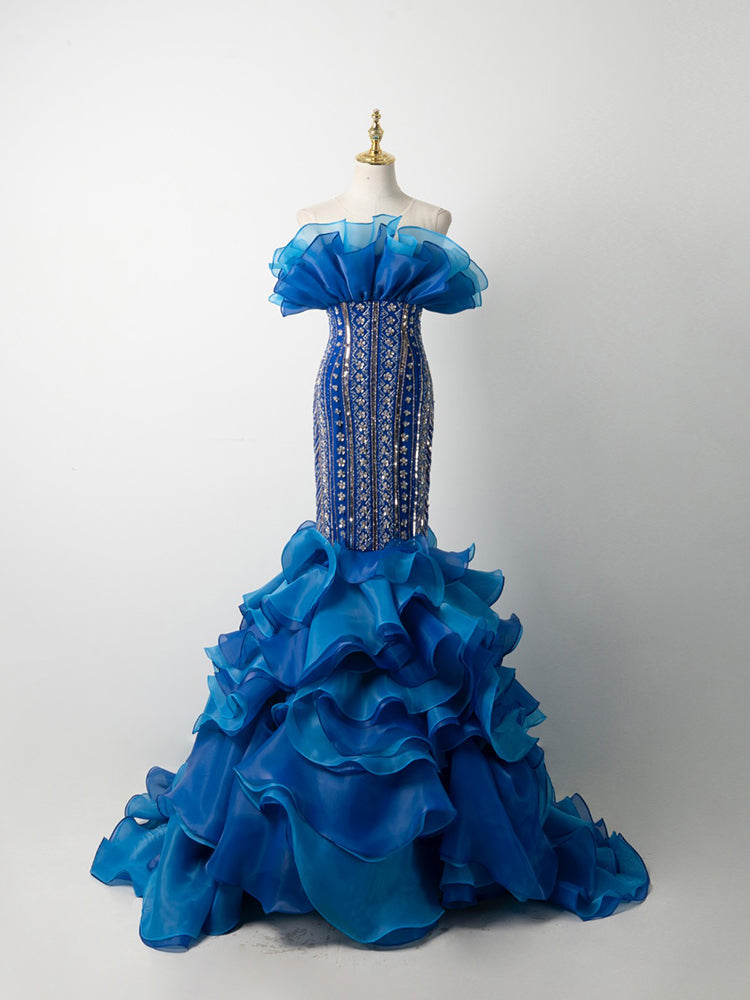 Ombre Blue Strapless Gown - Ruffled Organza Skirt & Hand-Beaded Corset