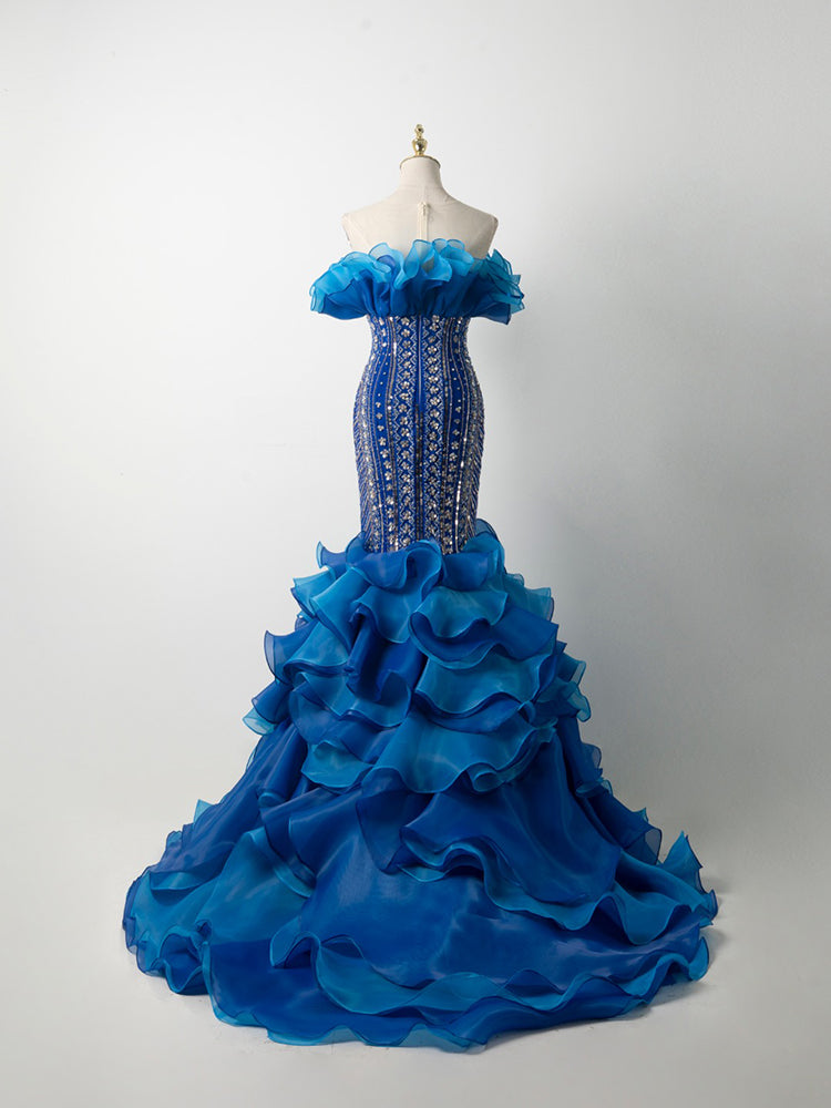 Ombre Blue Strapless Gown - Ruffled Organza Skirt & Hand-Beaded Corset