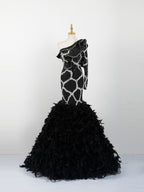 Black One-Shoulder Mermaid Gown - Crystal Geometric Beading & Feather Ballgown Skirt
