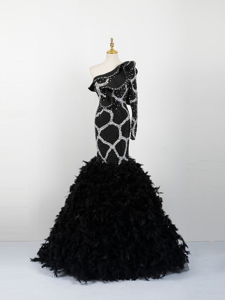 Black One-Shoulder Mermaid Gown - Crystal Geometric Beading & Feather Ballgown Skirt
