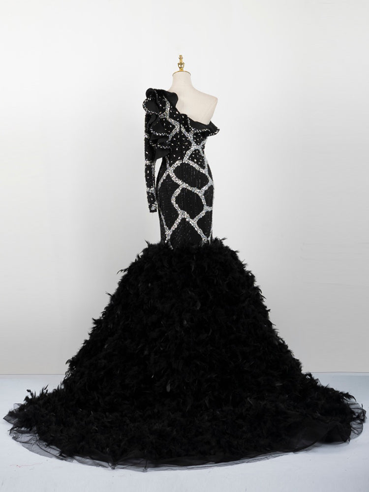 Black One-Shoulder Mermaid Gown - Crystal Geometric Beading & Feather Ballgown Skirt