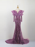 Deep Purple Mermaid Gown - Ruffled Off-Shoulder Sleeves & Sequin Wave Beading