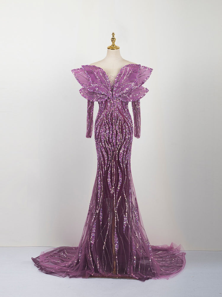 Deep Purple Mermaid Gown - Ruffled Off-Shoulder Sleeves & Sequin Wave Beading