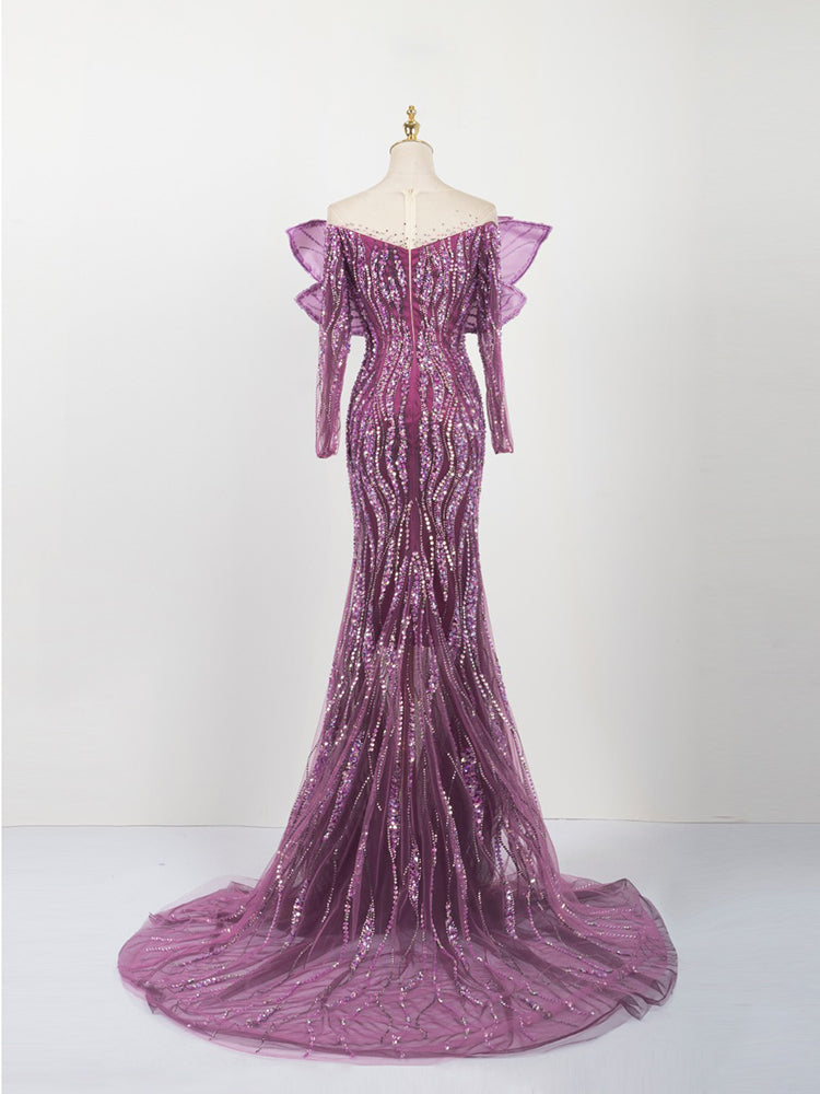 Deep Purple Mermaid Gown - Ruffled Off-Shoulder Sleeves & Sequin Wave Beading