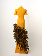 Mustard Yellow High-Neck Gown - Asymmetrical Multi-Tone Feather Train & Tailored Silhouette