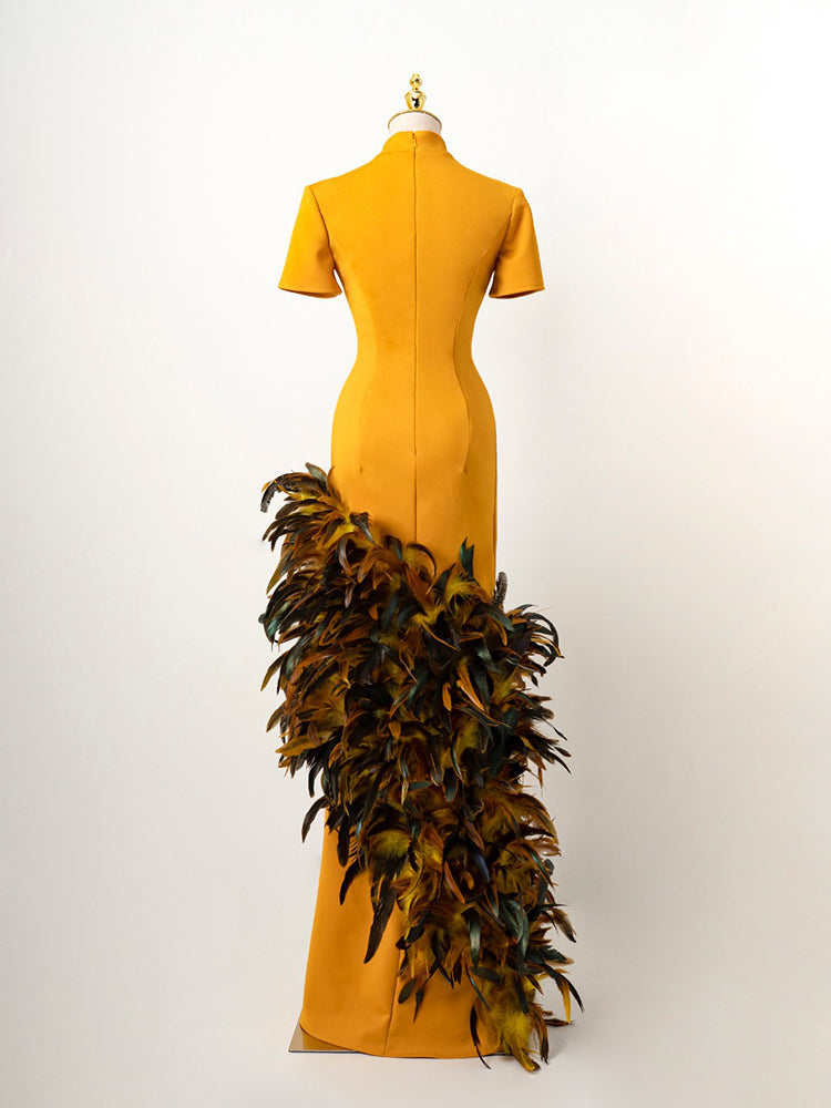 Mustard Yellow High-Neck Gown - Asymmetrical Multi-Tone Feather Train & Tailored Silhouette