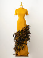 Mustard Yellow High-Neck Gown - Asymmetrical Multi-Tone Feather Train & Tailored Silhouette