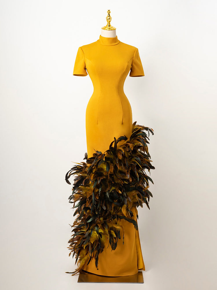 Mustard Yellow High-Neck Gown - Asymmetrical Multi-Tone Feather Train & Tailored Silhouette