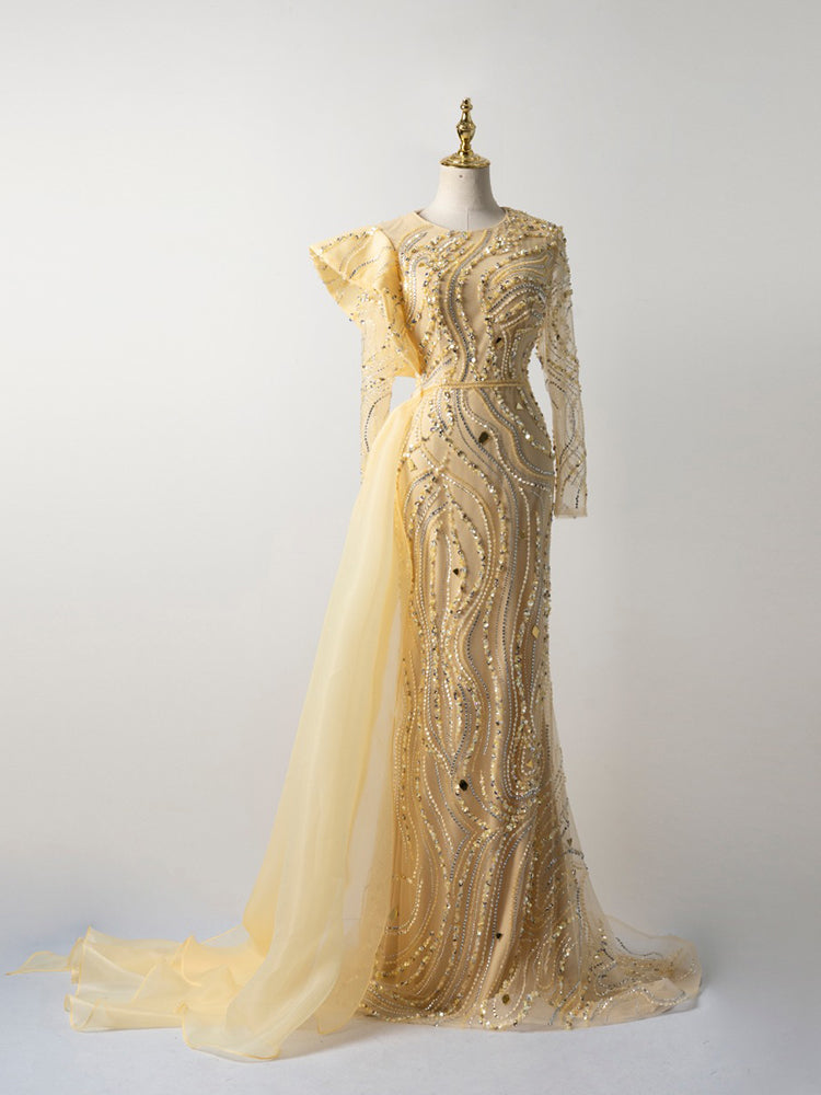 Champagne Gold Mermaid Gown - Hand-Beaded Wave Pattern & Detachable Tulle Train