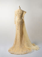Champagne Gold Mermaid Gown - Hand-Beaded Wave Pattern & Detachable Tulle Train