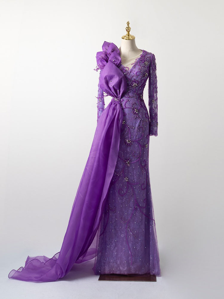Deep Purple Formal Gown - Oversized Satin Bow & Hand-Embellished Floral Beading