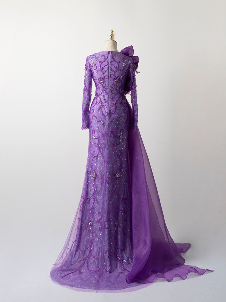 Deep Purple Formal Gown - Oversized Satin Bow & Hand-Embellished Floral Beading