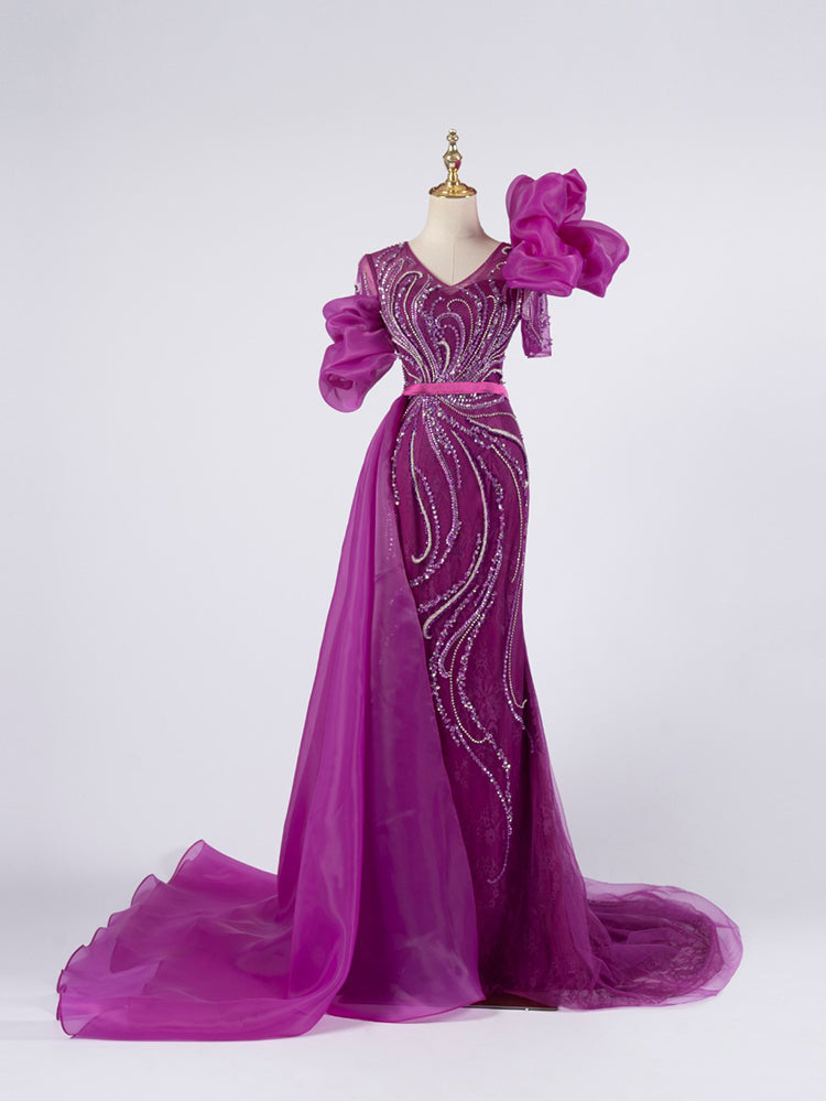 Deep Magenta Mermaid Gown - Puffy Organza Sleeves & Hand-Beaded Wave Pattern