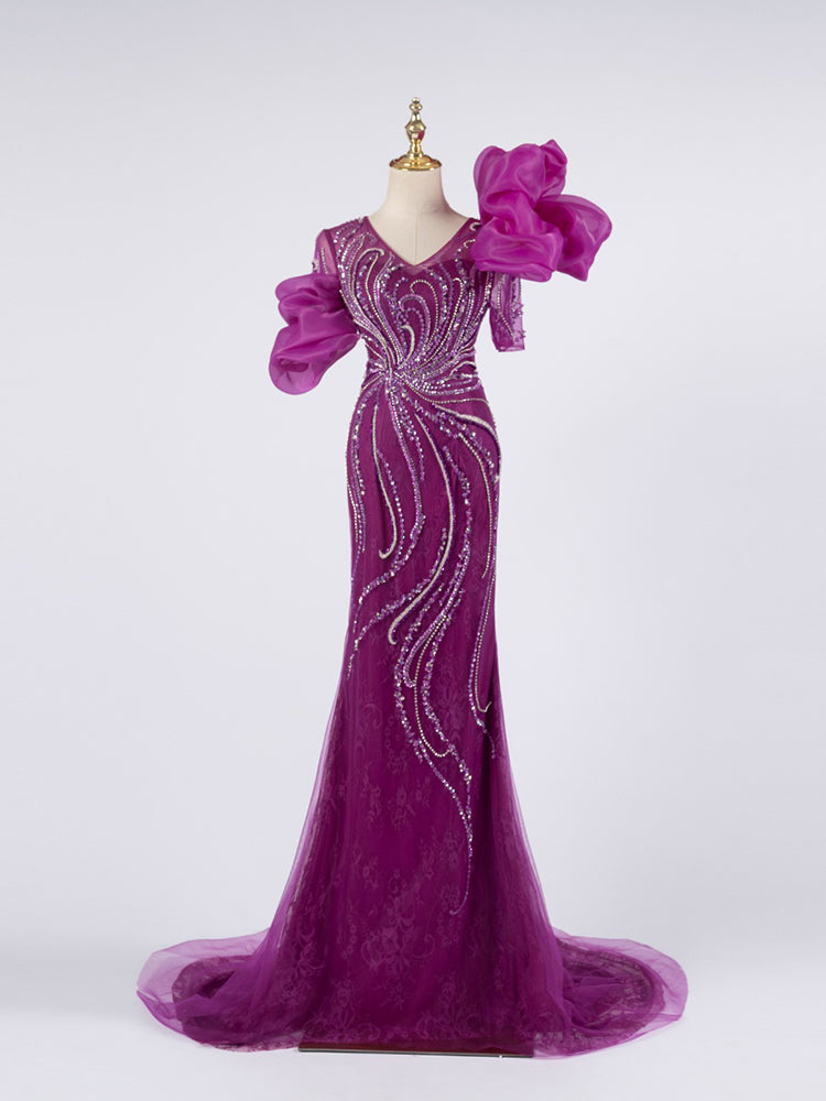 Deep Magenta Mermaid Gown - Puffy Organza Sleeves & Hand-Beaded Wave Pattern